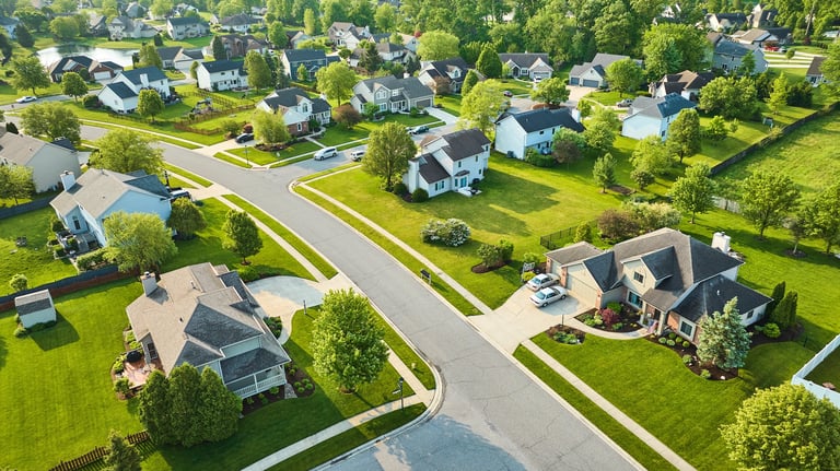Aerial view of landscaped neighborhood