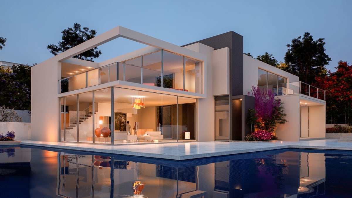 3D rendering of a modern luxurious house with swimming pool