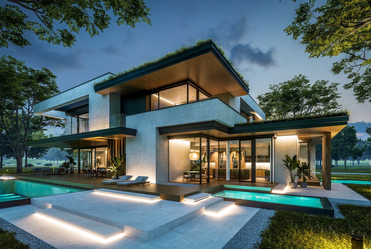 3d rendering of two-story house with parking and pool