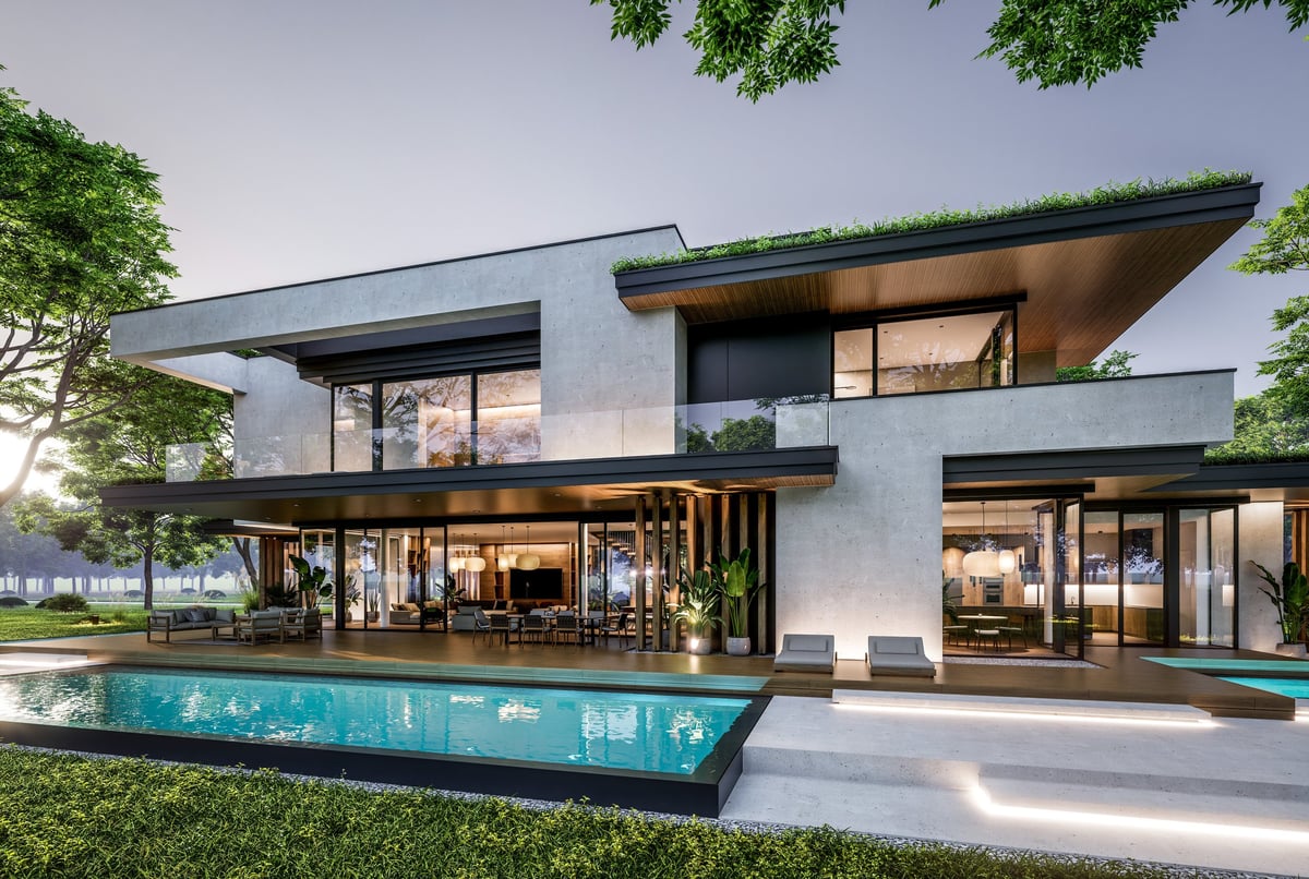 3d rendering of two-story house with parking and pool