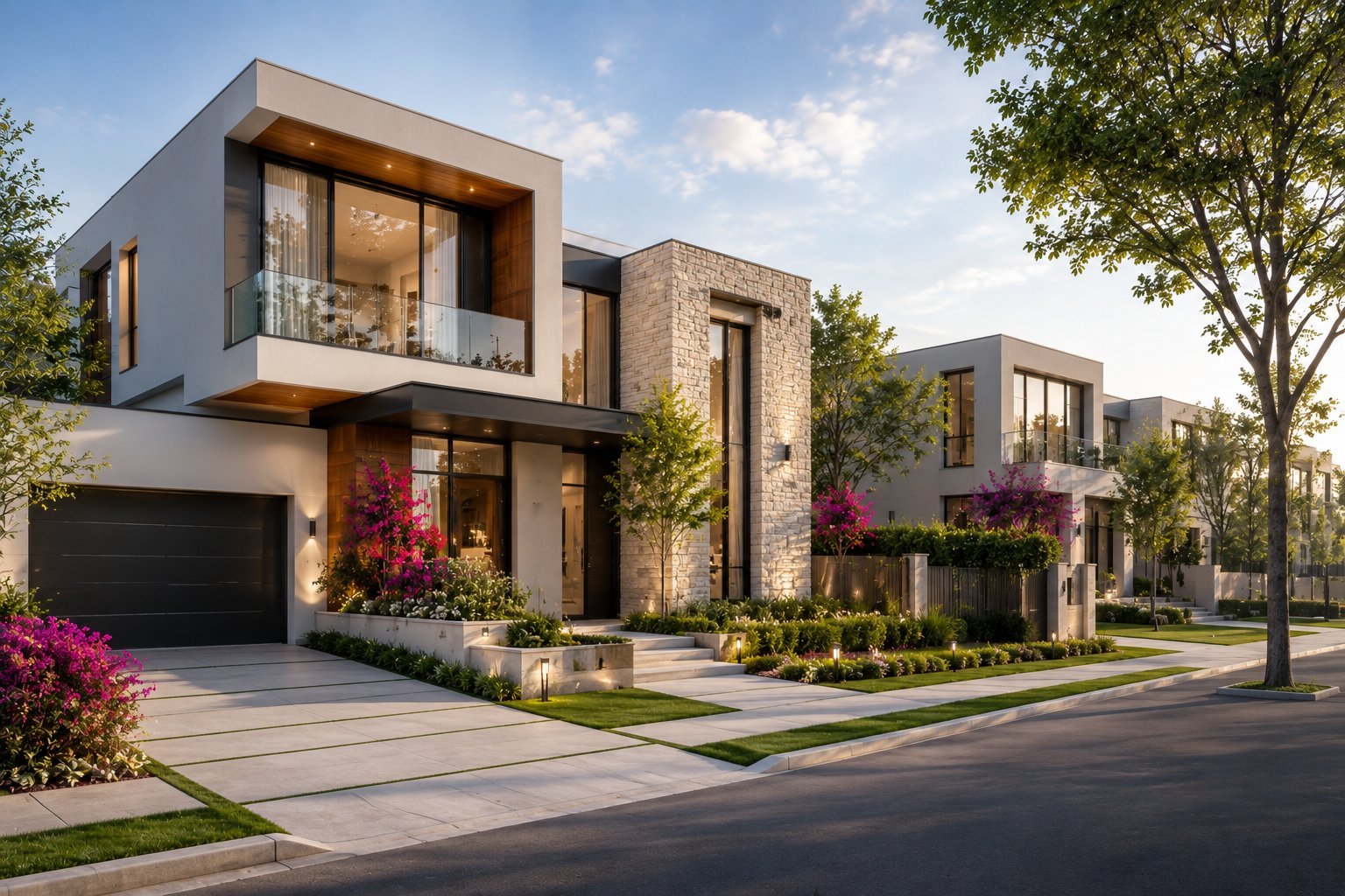 Modern architectural townhouses with gray and stone facades, magenta flowering plants, and black garage doors lining a tree-lined residential street
