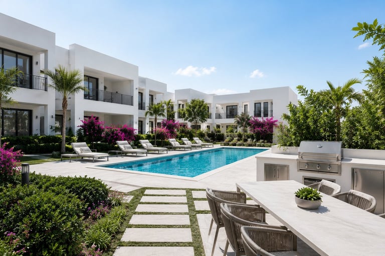 Modern white residential complex with central swimming pool, tropical landscaping, and terrace seating area